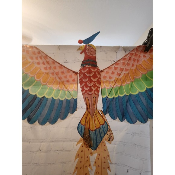 Vtg Chinese hand painted SilkPheonix in Original box minor damages 56" wide - Picture 3 of 16